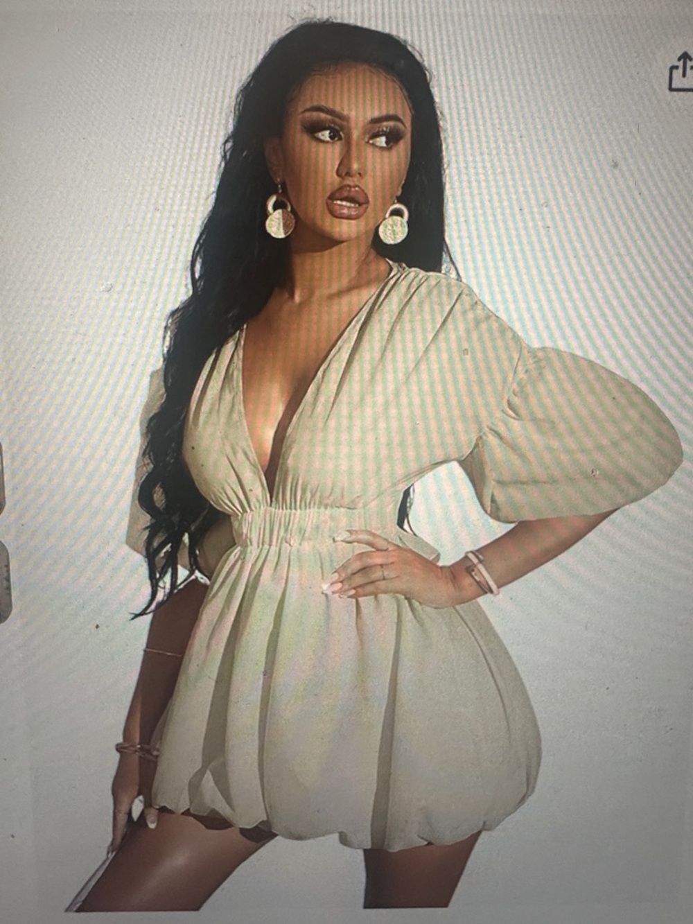 Amazon Cream Bubble-Hem Puff-Sleeve Mini Dress